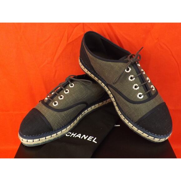 NIB CHANEL G31345 GREEN BLACK CANVAS PEARLS CC ESPADRILLE OXFORDS FLAT 39 - Picture 2 of 12